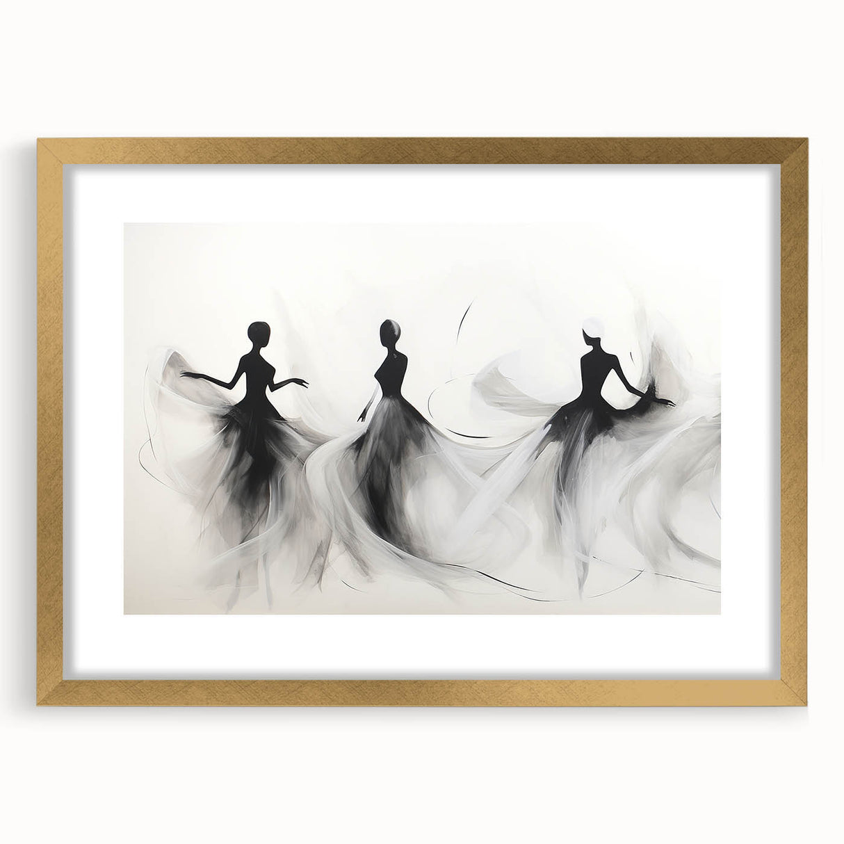 Elegant abstract figurative wall art design in a gold frame with a mat, showcasing a modern artistic aesthetic perfect for home decor.