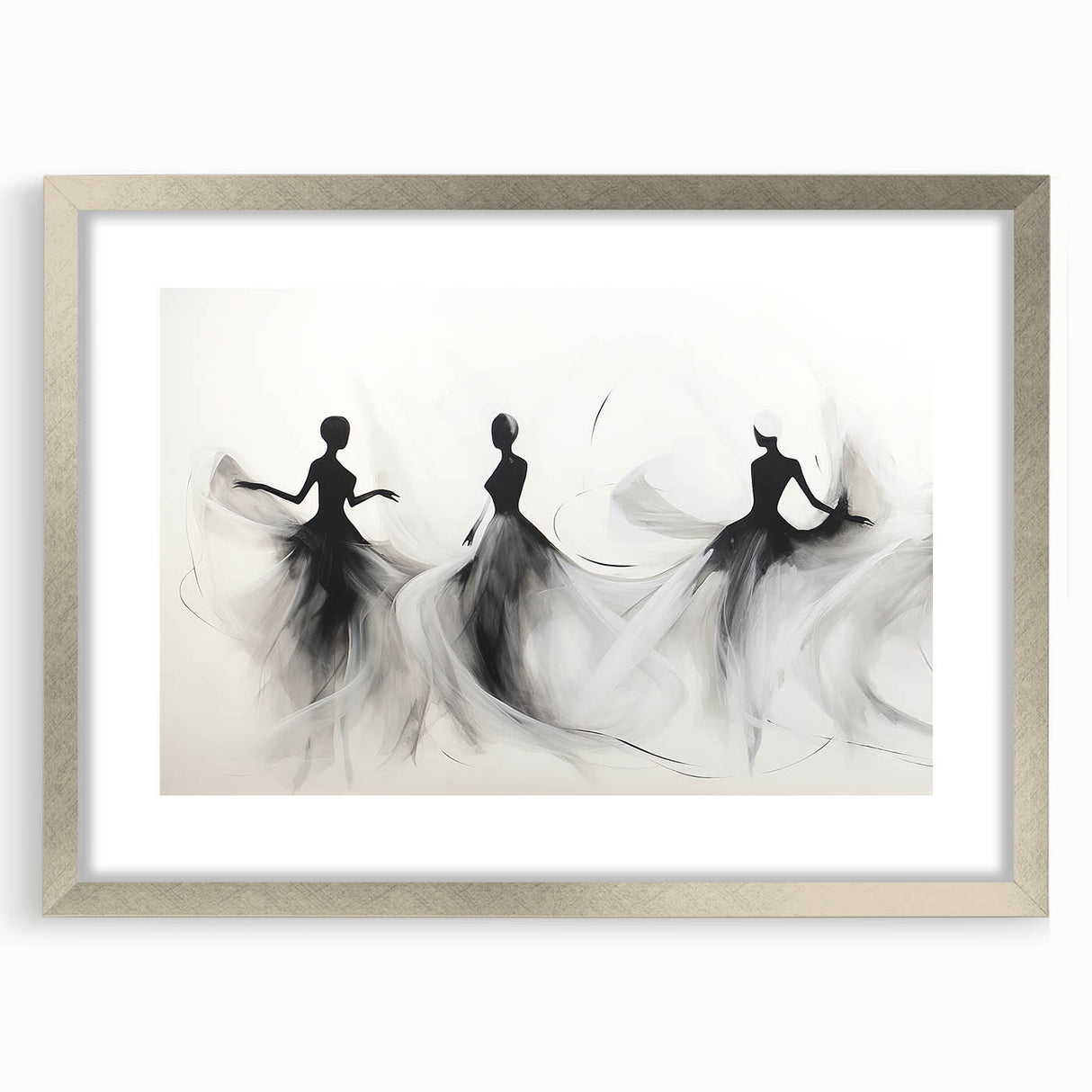 Abstract figurative wall art collection featuring a silver-framed piece with a mat, showcasing vibrant colors and modern design elements for elegant home decor.