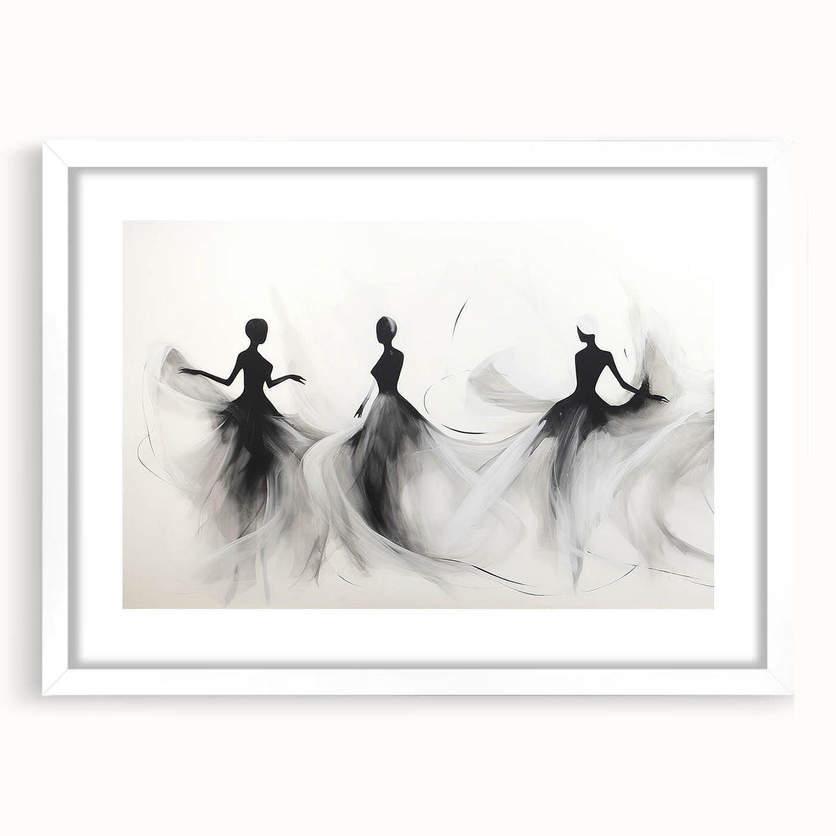 Abstract figurative wall art design in a white frame with a mat, showcasing vibrant colors and fluid lines, ideal for modern decor.
