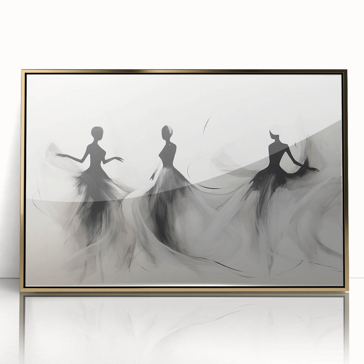 Framed abstract figurative wall art featuring a gold-accented design, showcasing dynamic shapes and textures against a neutral background.