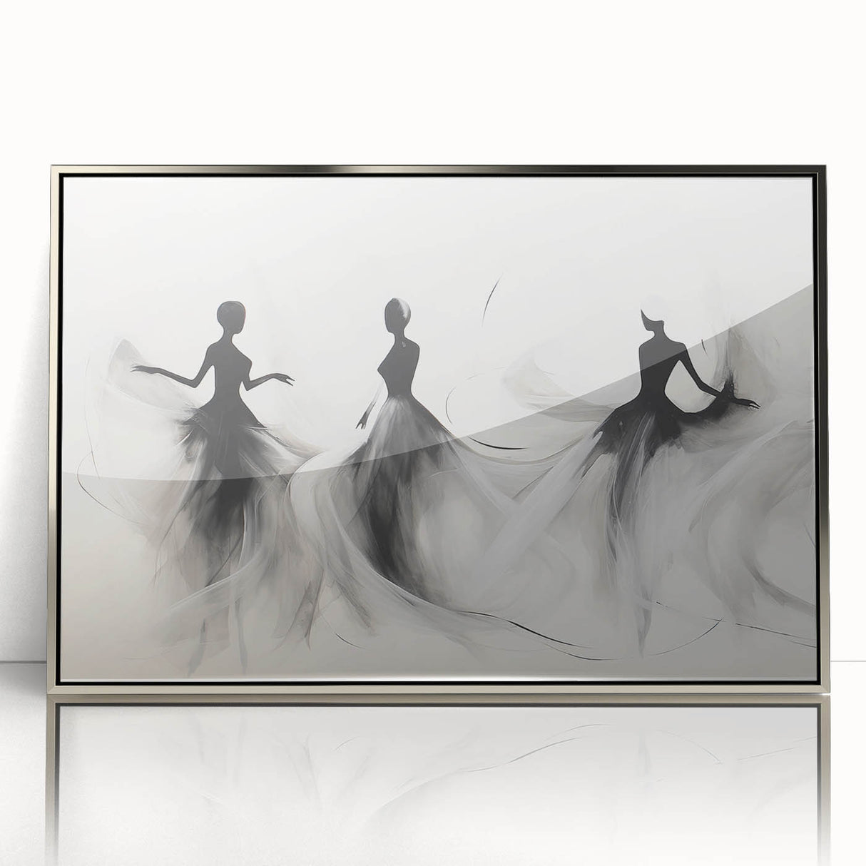 Framed abstract figurative wall art featuring a silver design, showcasing dynamic shapes and textures, perfect for modern home decor.