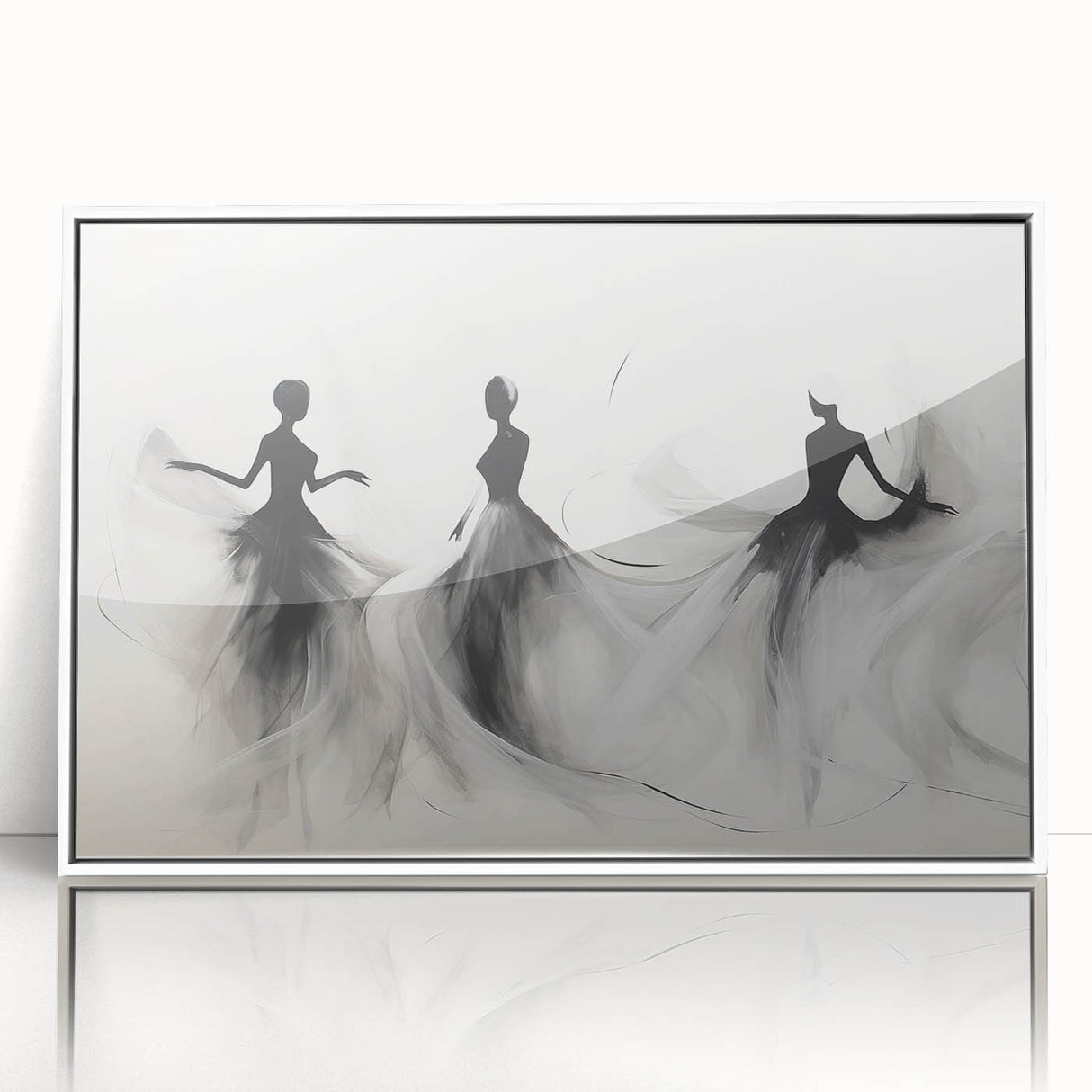 Framed abstract figurative wall art design showcasing vibrant colors and dynamic shapes, presented in a sleek white frame, ideal for modern decor.