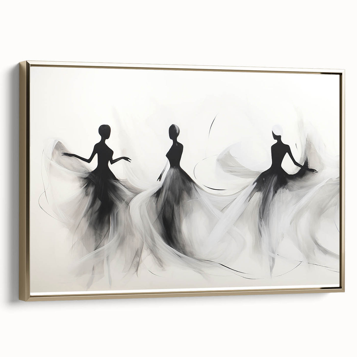 Framed abstract figurative wall art in gold tones, showcasing unique shapes and design elements, ideal for modern home decor.