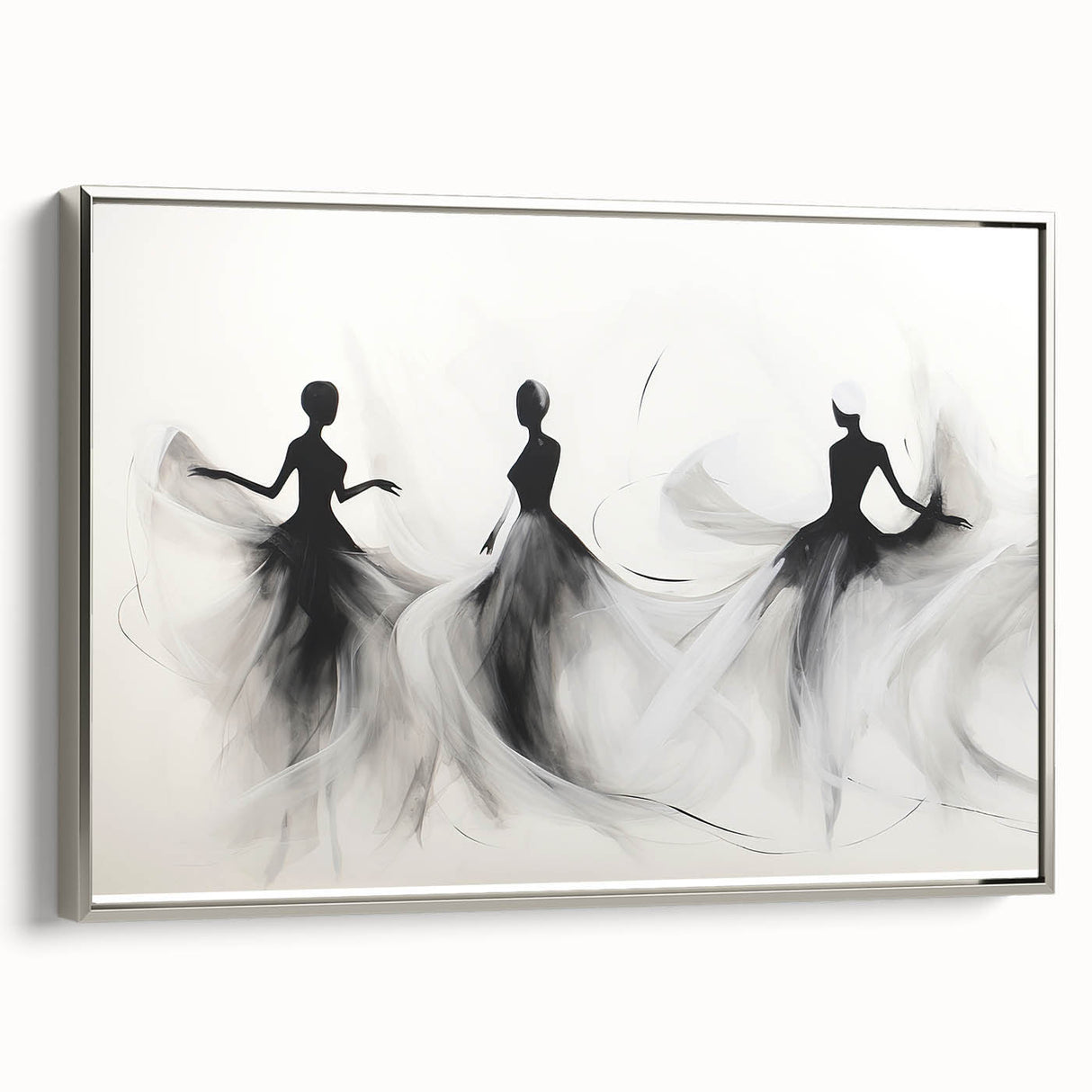 Framed abstract figurative wall art in silver, showcasing vibrant colors and dynamic shapes, ideal for modern home decor.