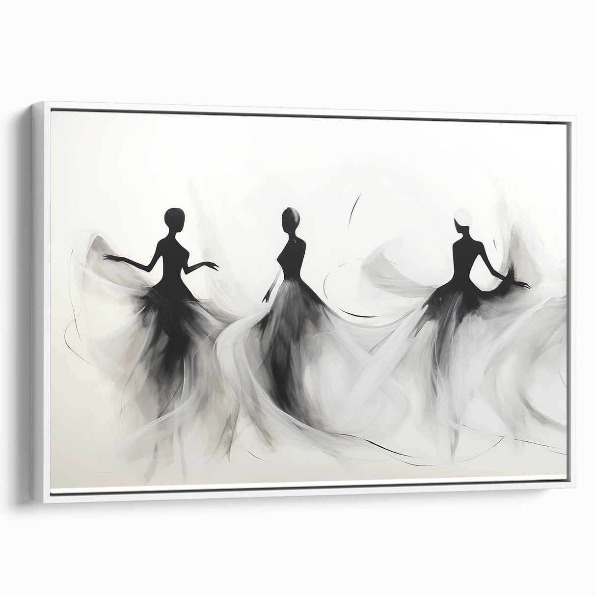 Framed abstract figurative wall art showcasing vibrant colors and dynamic shapes, displayed in a sleek white frame from a side view.