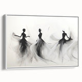 Framed abstract figurative wall art showcasing vibrant colors and dynamic shapes, displayed in a sleek white frame from a side view.