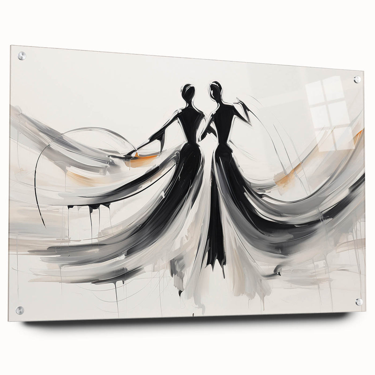 Abstract figurative wall art piece featuring vibrant colors and dynamic shapes, displayed in an acrylic glass frame with silver pins, perfect for modern decor.