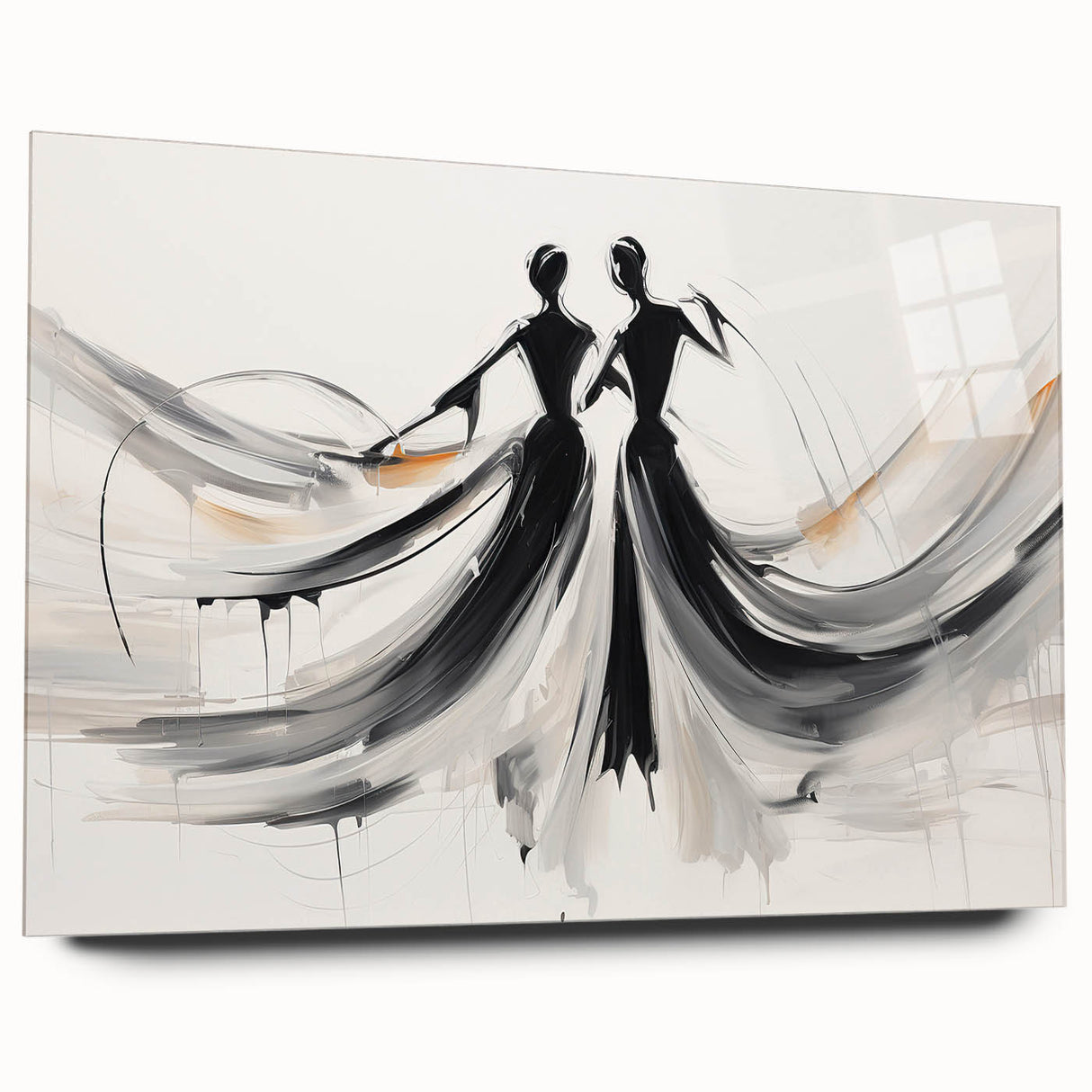 Abstract figurative wall art piece showcasing vibrant colors and dynamic shapes, displayed in an acrylic glass frame from a side view.