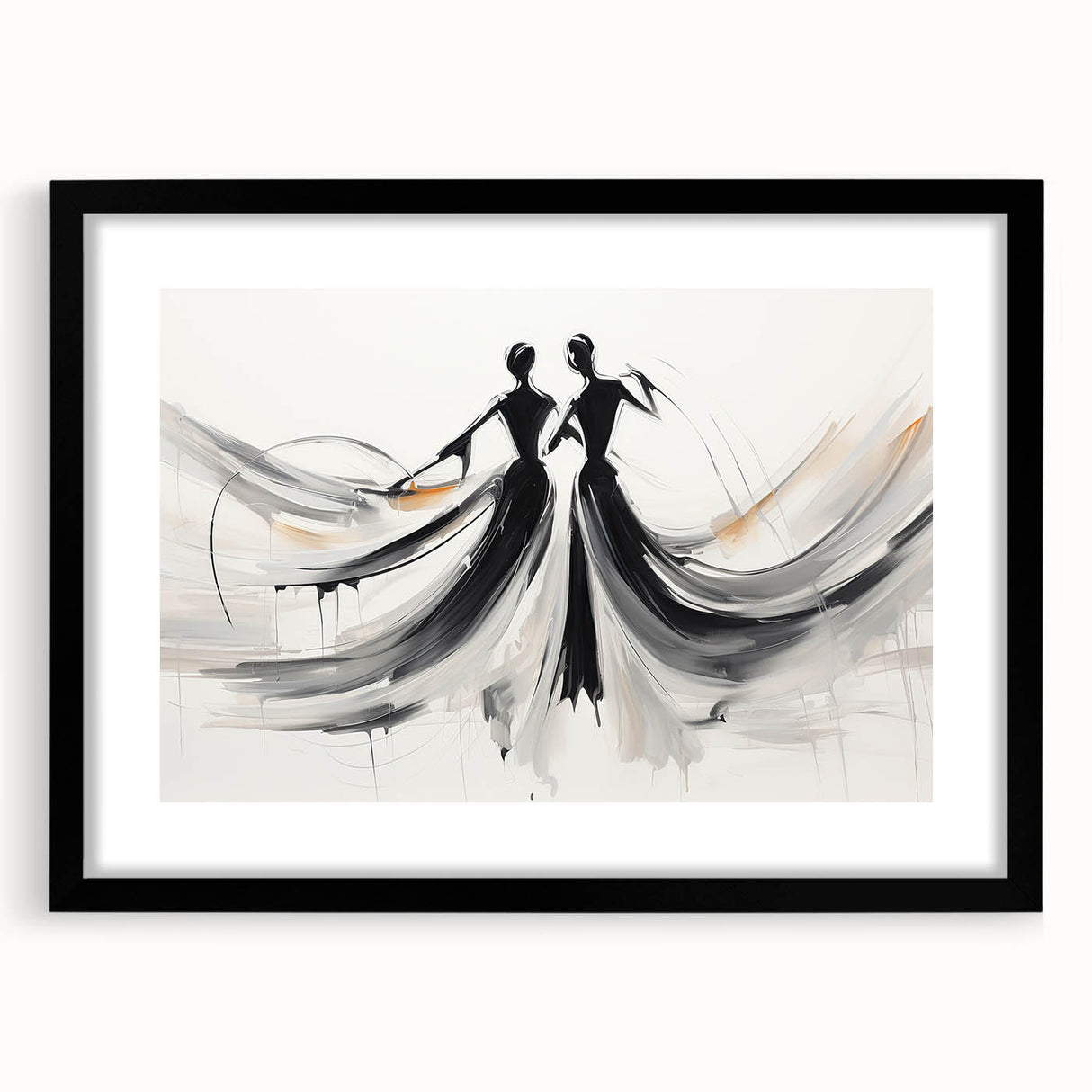 Abstract figurative wall art design in a black frame with a mat, showcasing vibrant colors and modern shapes, ideal for contemporary decor.