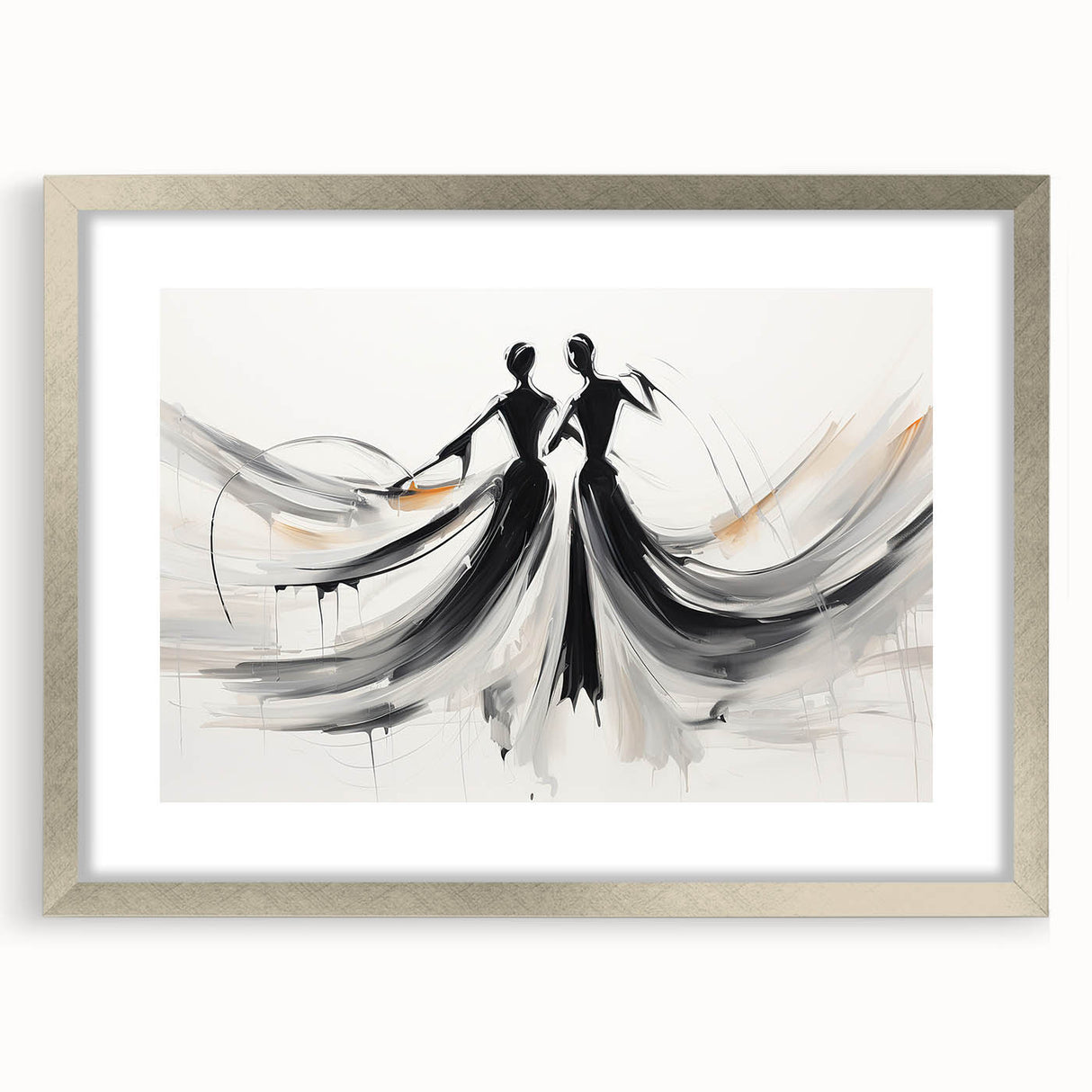 Abstract figurative wall art in a sleek silver frame with a mat, showcasing vibrant colors and modern design elements, perfect for contemporary decor.