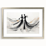 Abstract figurative wall art in a sleek silver frame with a mat, showcasing vibrant colors and modern design elements, perfect for contemporary decor.