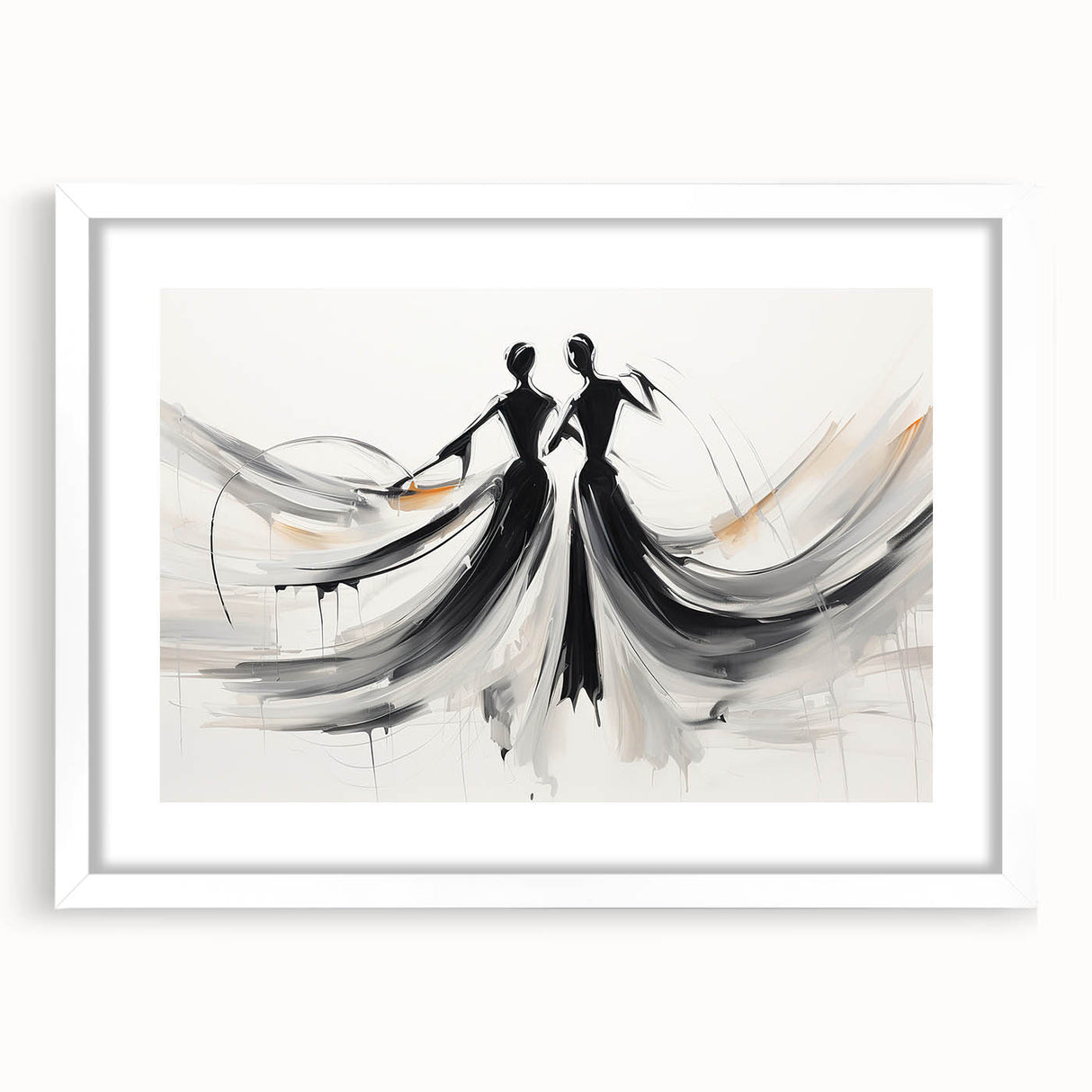 Abstract figurative wall art design showcasing vibrant colors and dynamic shapes in a contemporary frame with a white mat, perfect for modern decor.