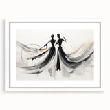 Abstract figurative wall art design showcasing vibrant colors and dynamic shapes in a contemporary frame with a white mat, perfect for modern decor.
