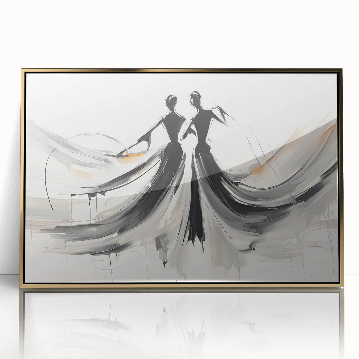 Framed abstract figurative wall art featuring dynamic gold accents and fluid shapes, perfect for modern interior decoration.