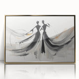 Framed abstract figurative wall art featuring dynamic gold accents and fluid shapes, perfect for modern interior decoration.