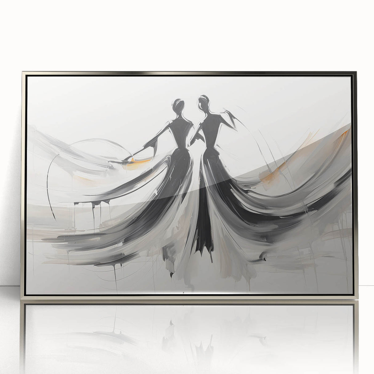 Framed abstract figurative wall art in silver, showcasing a unique design with soft colors, perfect for modern home decor.