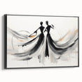 Framed abstract figurative wall art featuring vibrant colors and unique shapes, displayed in a sleek black frame from a side view.