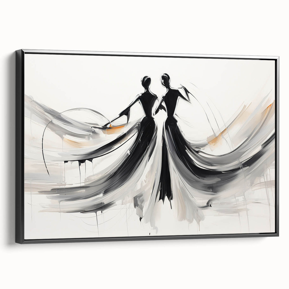 Framed abstract figurative wall art featuring vibrant colors and unique shapes, displayed in a sleek black frame from a side view.