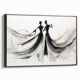 Framed abstract figurative wall art featuring vibrant colors and unique shapes, displayed in a sleek black frame from a side view.