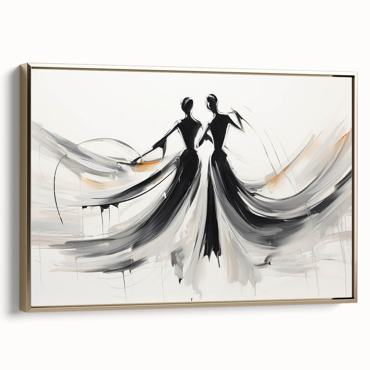 Framed abstract figurative wall art featuring a gold design on a textured canvas, showcasing a modern aesthetic side view for elegant decor.
