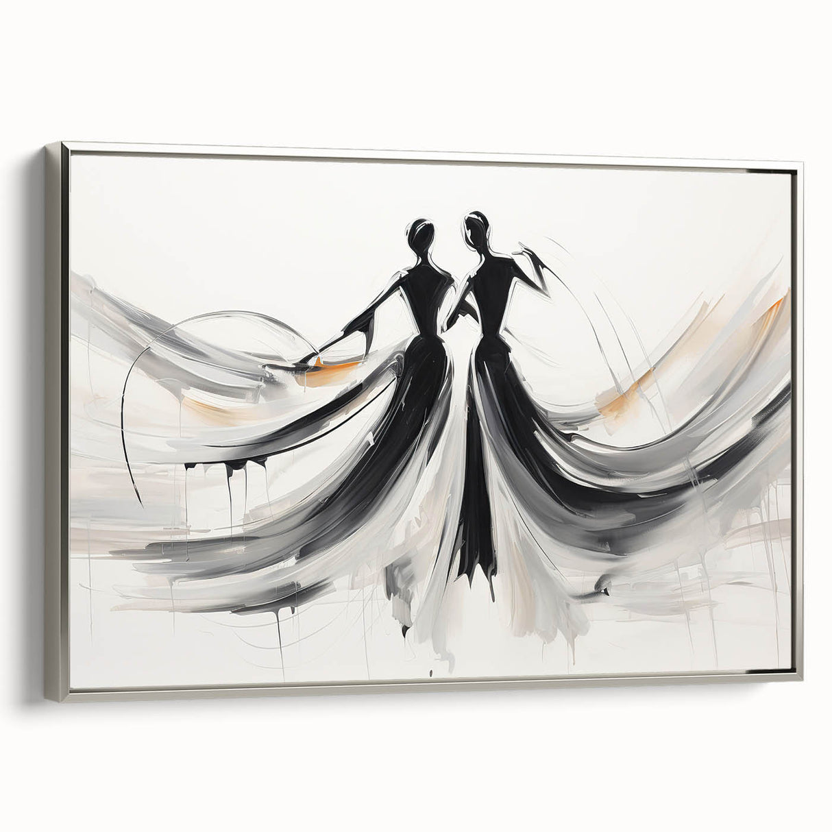 Framed abstract figurative wall art showcasing a modern design with silver accents, viewed from the side against a neutral background.