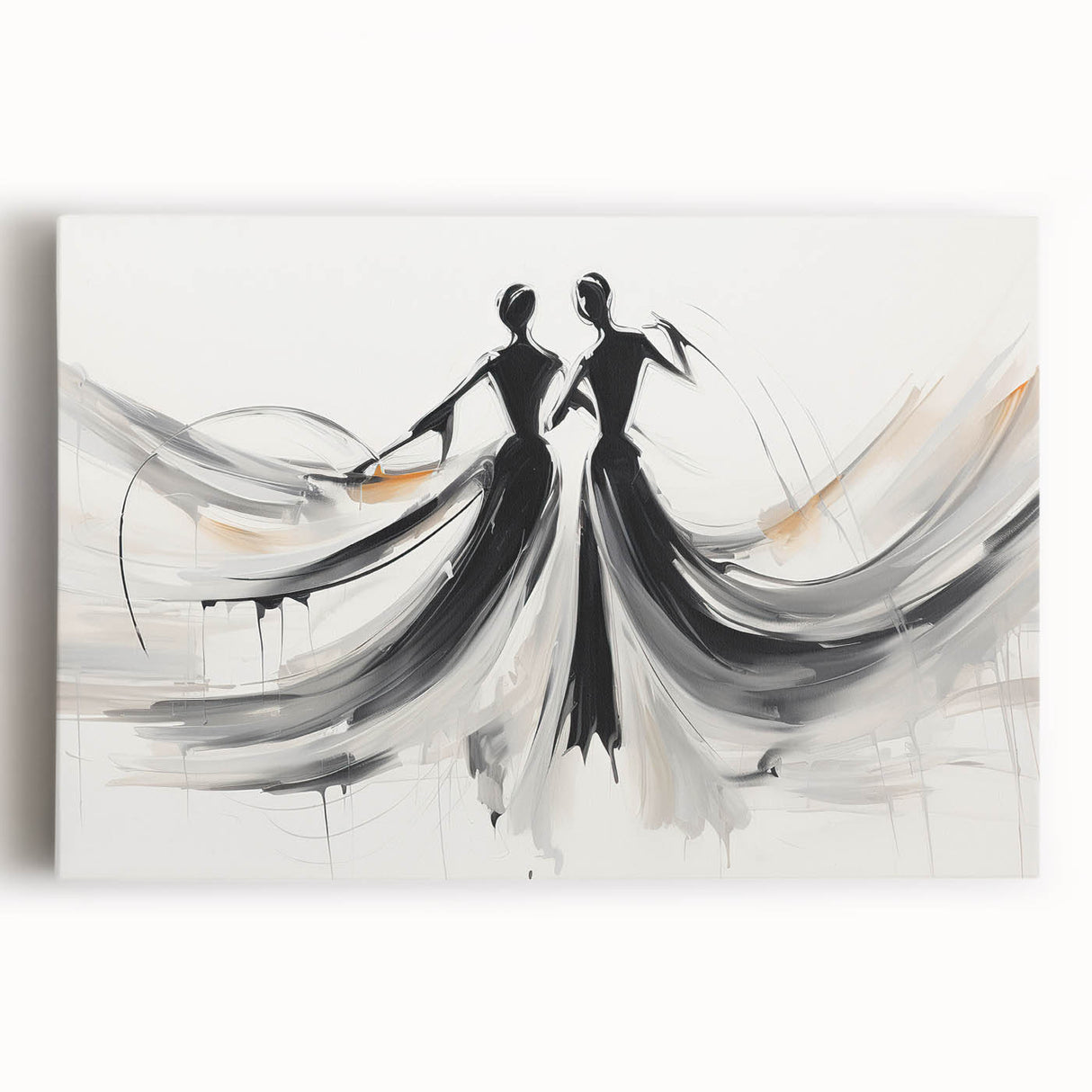 Abstract figurative wall art design on stretched canvas, showcasing vibrant colors and dynamic shapes, perfect for modern decor accents.