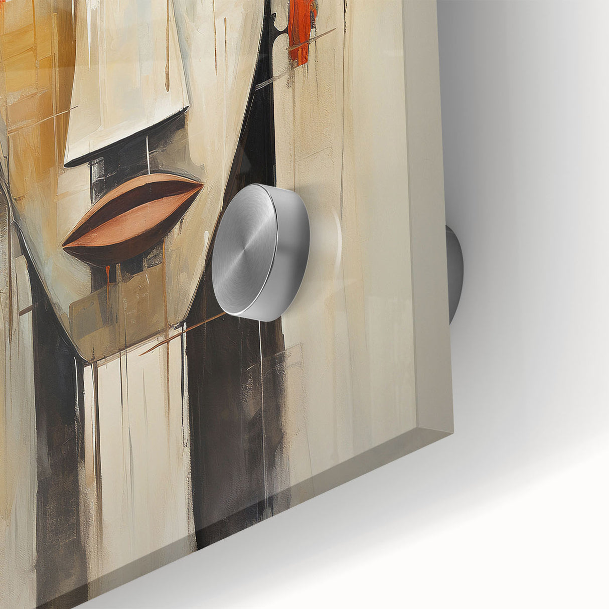 Close-up of an abstract figurative wall art piece showcasing vibrant colors and fluid shapes, designed for modern decor, highlighting acrylic glass detail.