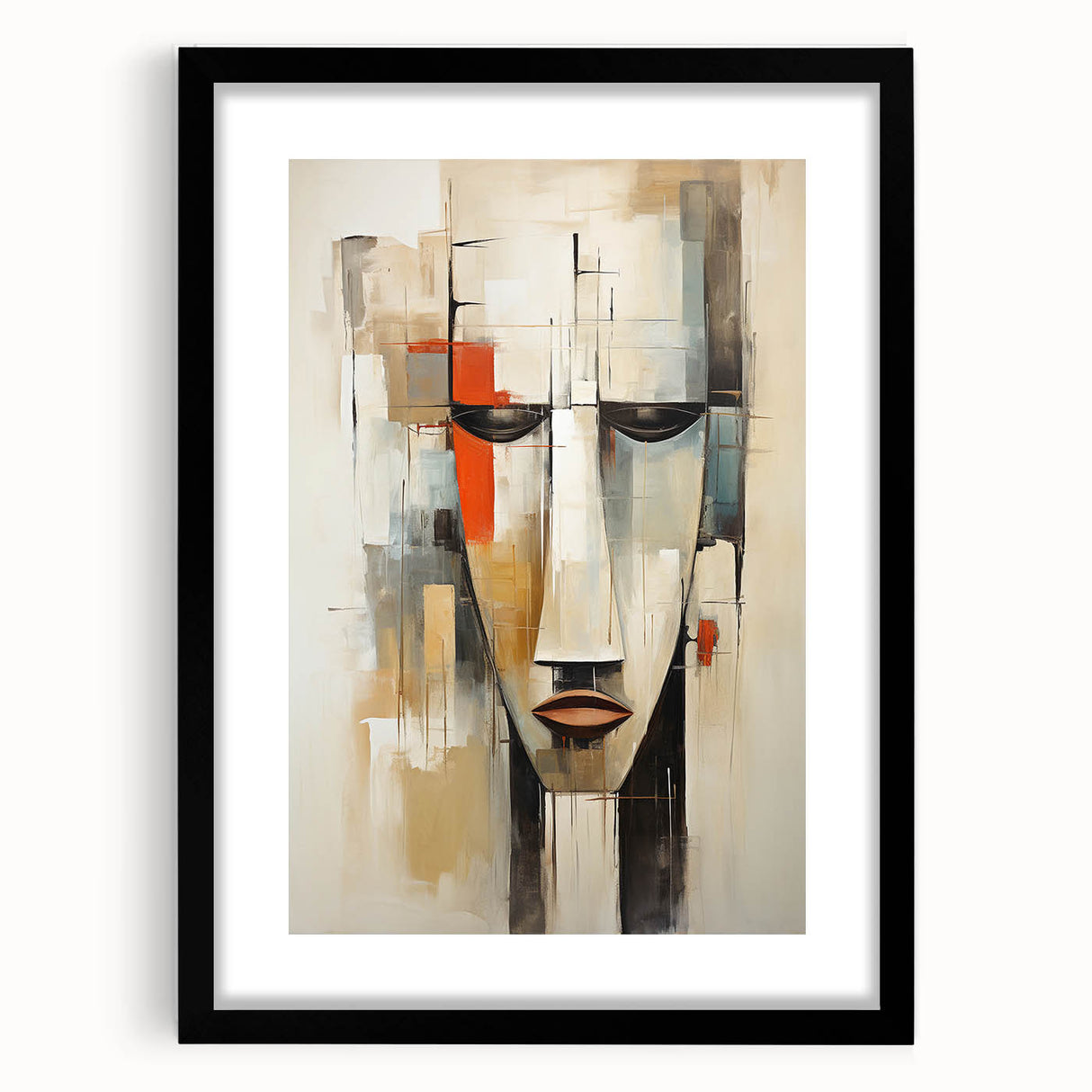 Framed abstract figurative wall art print showcasing vibrant colors and shapes, presented in a sleek black frame with a white mat for contrast.
