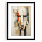 Framed abstract figurative wall art print showcasing vibrant colors and shapes, presented in a sleek black frame with a white mat for contrast.