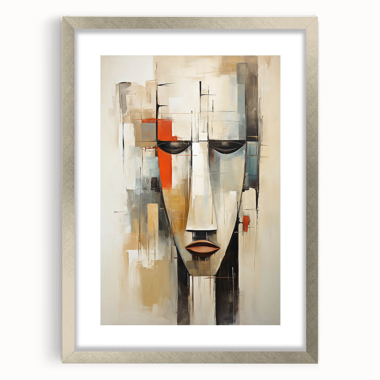 Framed abstract figurative wall art design in silver, showcasing vibrant colors and unique shapes, ideal for modern home decor.