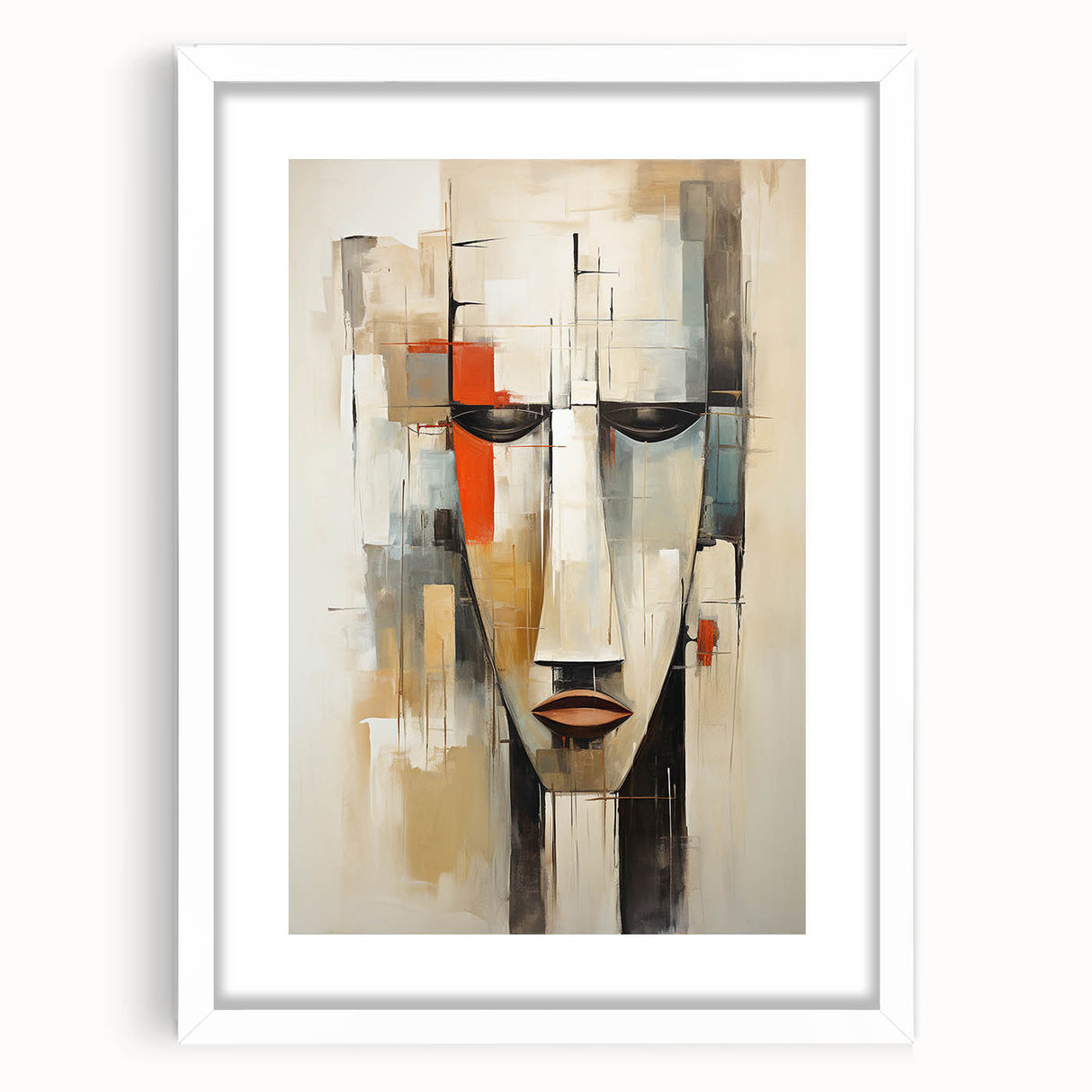 Abstract figurative wall art design in a white frame, showcasing vibrant colors and dynamic shapes, perfect for modern home decor.