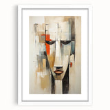 Abstract figurative wall art design in a white frame, showcasing vibrant colors and dynamic shapes, perfect for modern home decor.