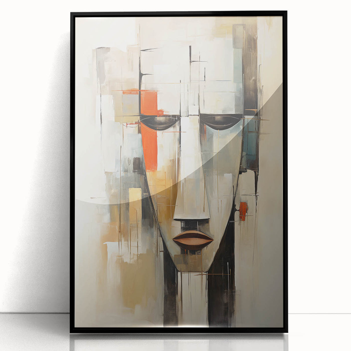 Framed abstract figurative wall art in black acrylic, showcasing bold shapes and lines, perfect for modern home decor.