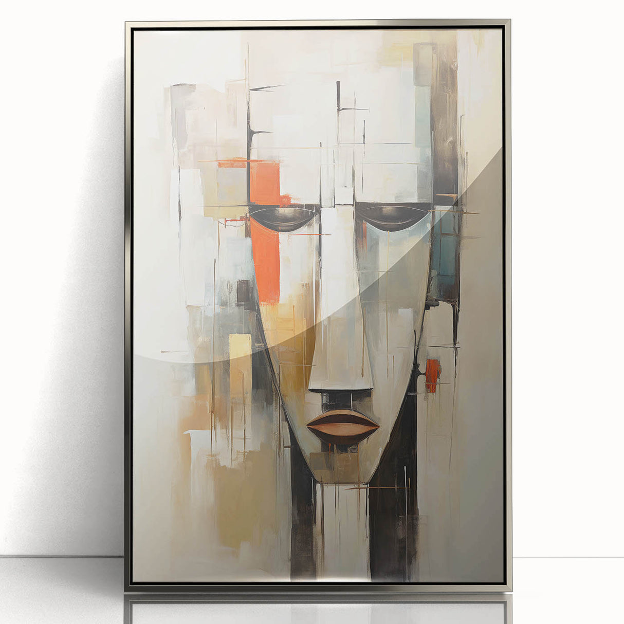 Framed abstract figurative wall art featuring a silver acrylic design with fluid shapes and modern aesthetics, ideal for contemporary decor.
