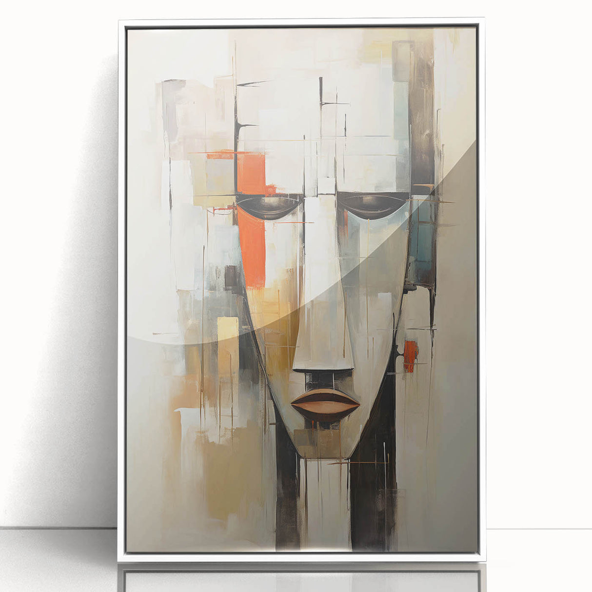 Framed abstract figurative wall art design featuring bold colors and fluid shapes, displayed in a sleek white frame, ideal for modern decor.