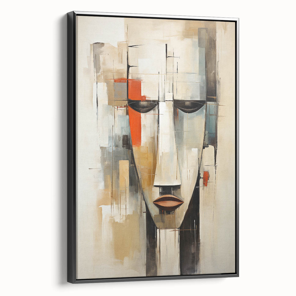 Framed abstract figurative wall art in a sleek black frame, showcasing vibrant colors and dynamic shapes, ideal for modern decor.
