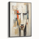 Framed abstract figurative wall art in a sleek black frame, showcasing vibrant colors and dynamic shapes, ideal for modern decor.