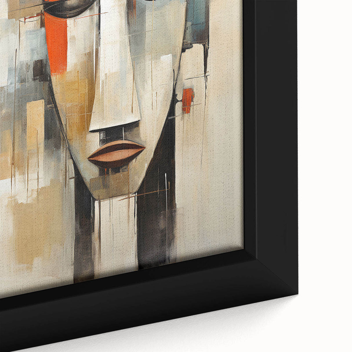 Close-up of an abstract figurative wall art piece showcasing vibrant colors and fluid shapes, framed for an elegant display in modern decor.