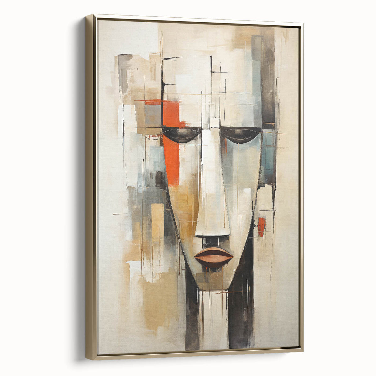 Framed abstract figurative wall art featuring a gold color scheme and unique design elements, showcased in a sleek modern setting.