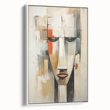 Framed abstract figurative wall art in white, showcasing vibrant colors and dynamic shapes, ideal for modern home decor.