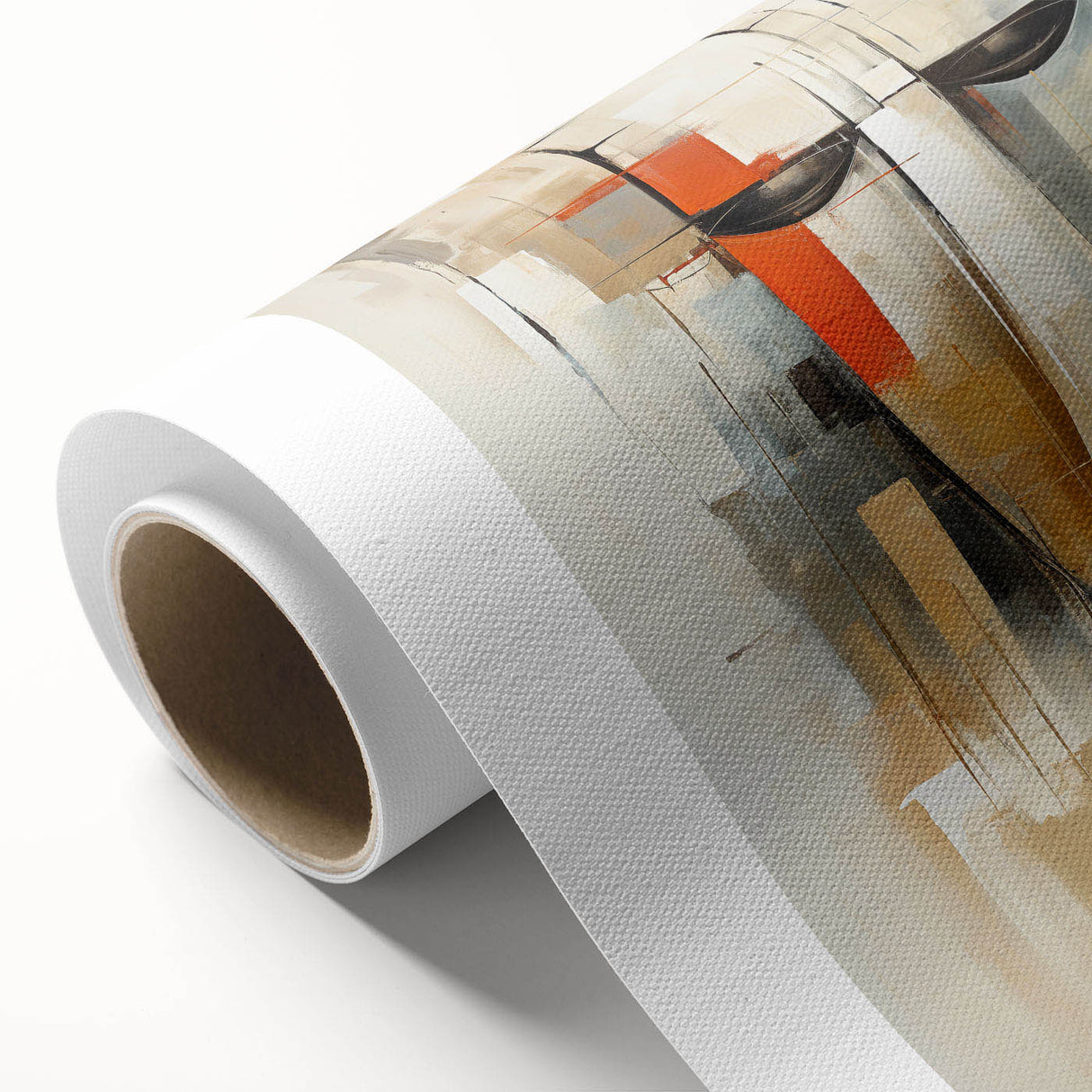Abstract figurative wall art design on rolled canvas, showcasing vibrant colors and dynamic shapes, perfect for modern home decor.