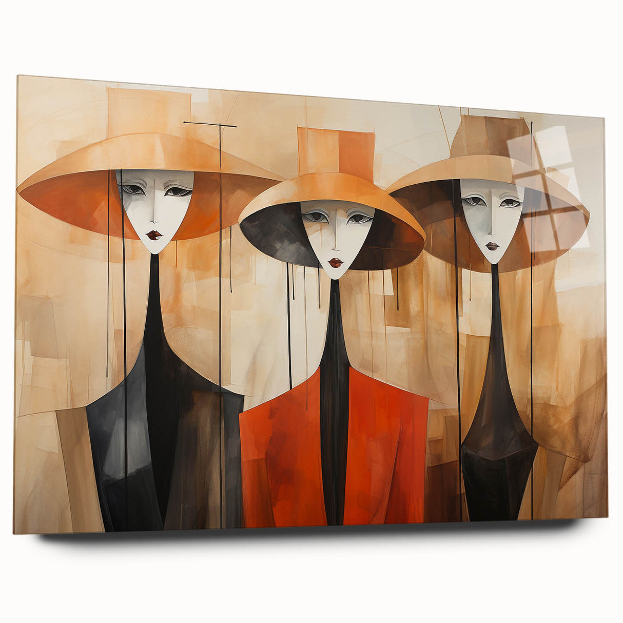 Abstract figurative wall art collection displayed in a sleek acrylic glass frame, showcasing vibrant colors and modern design elements, ideal for contemporary decor.