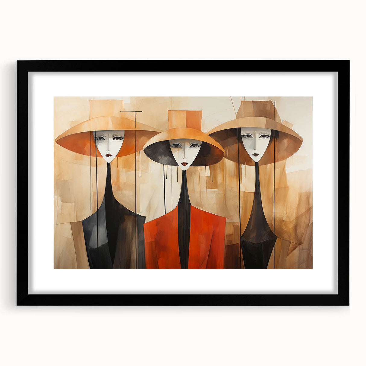 Abstract figurative wall art collection featuring a framed design with a black mat, showcasing vibrant colors and modern artistic elements for contemporary decor.