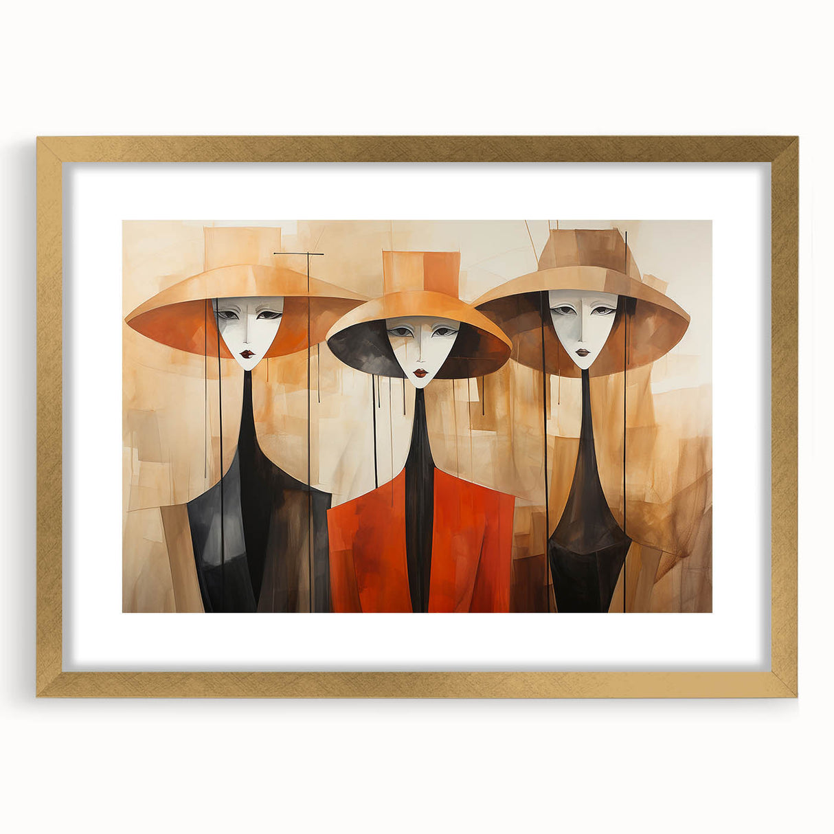 Framed abstract figurative wall art showcasing a gold mat and sleek design, perfect for modern home decor, emphasizing elegance and style.