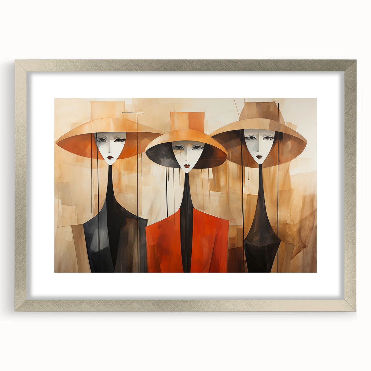 Framed abstract figurative wall art design showcasing vibrant colors and dynamic shapes, set in a sleek silver frame with a mat for elegance.