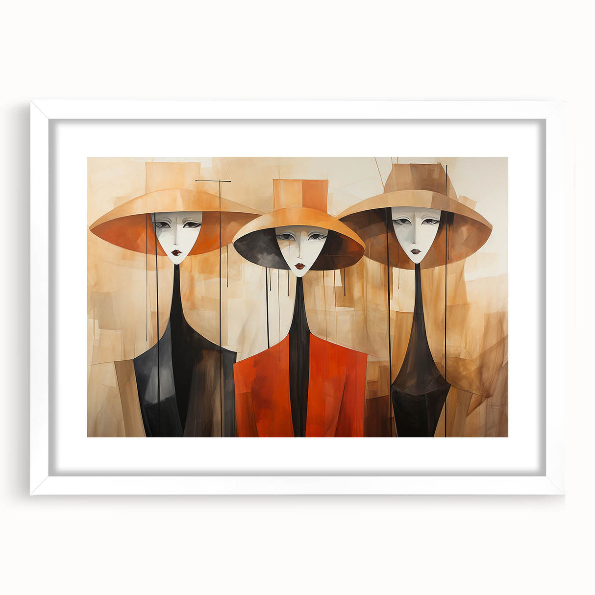 Abstract figurative wall art collection displayed in a sleek white frame with matting, showcasing vibrant colors and modern design elements.