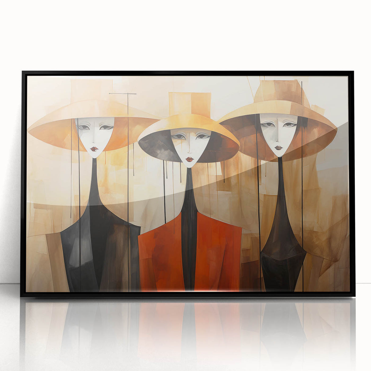 Framed abstract figurative wall art design with vibrant colors and modern shapes, showcased in a sleek black frame, ideal for contemporary decor.