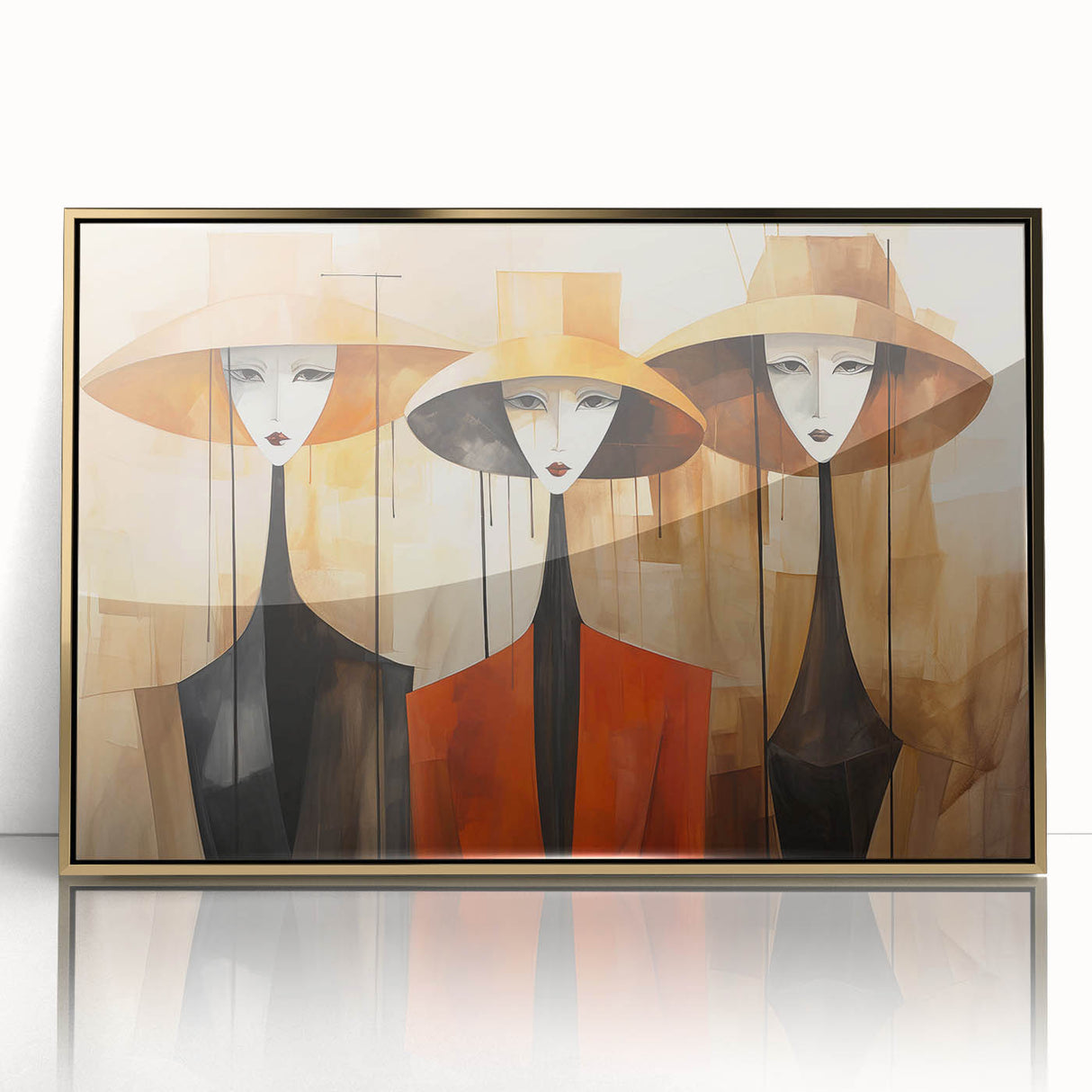 Framed abstract figurative wall art design in gold tones, showcasing fluid shapes and modern aesthetics, perfect for contemporary decor.