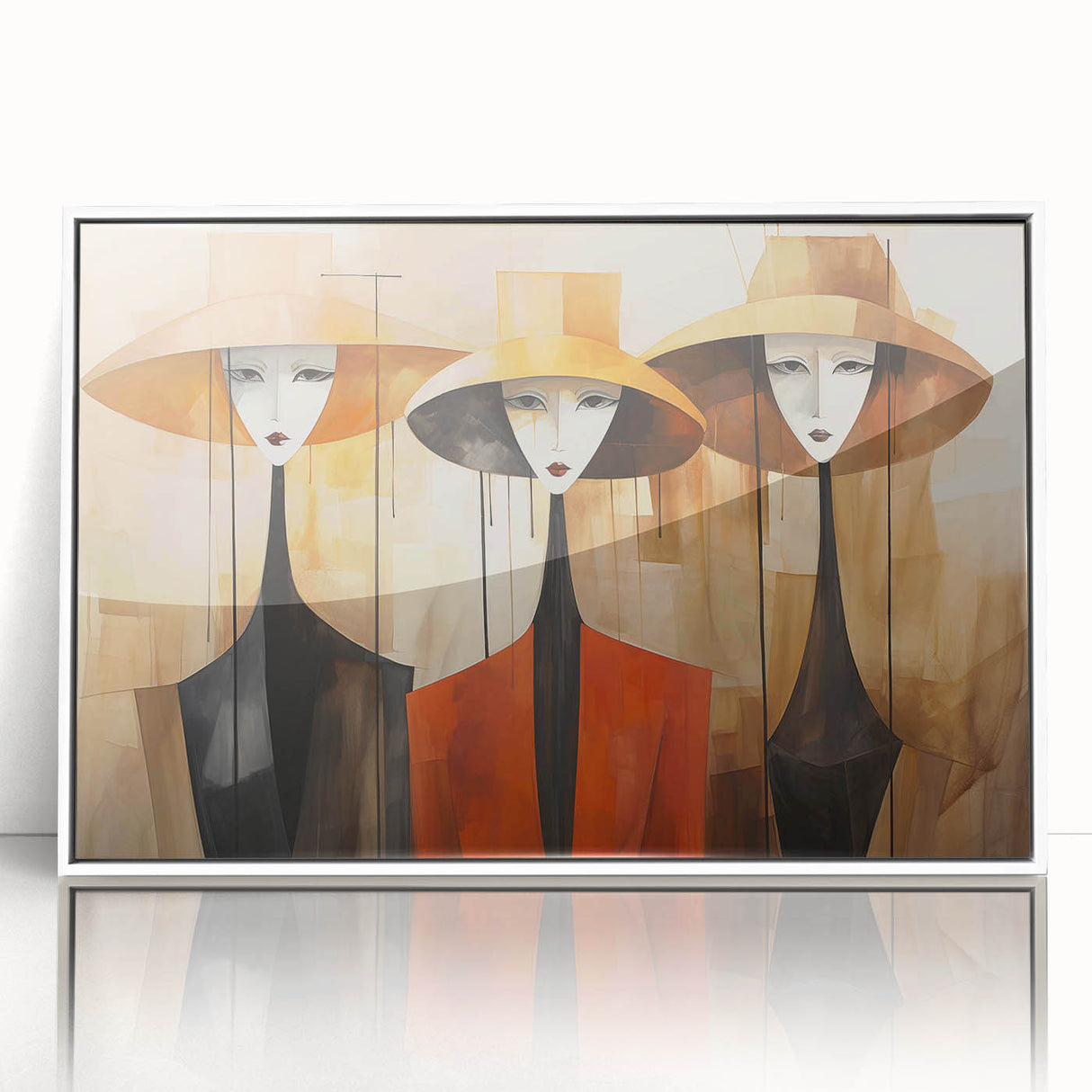 Framed abstract figurative wall art design showcasing colorful shapes and patterns, set against a sleek white frame, enhancing modern decor.