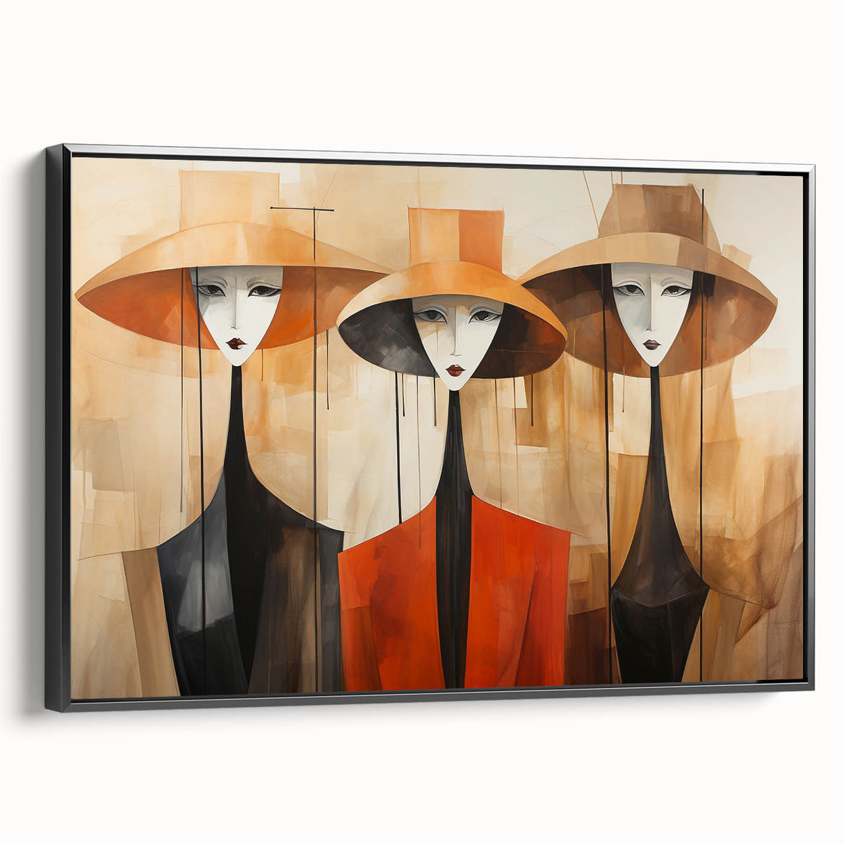 Framed abstract figurative wall art design showcasing dynamic shapes and vibrant colors, presented in a sleek black frame with a side view.